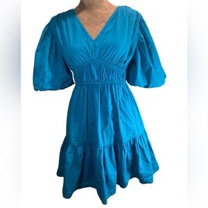 Women’s Japna Teal Puff‎ Sleeve Mini Dress Empire Waist Tiered Ruffle Small
